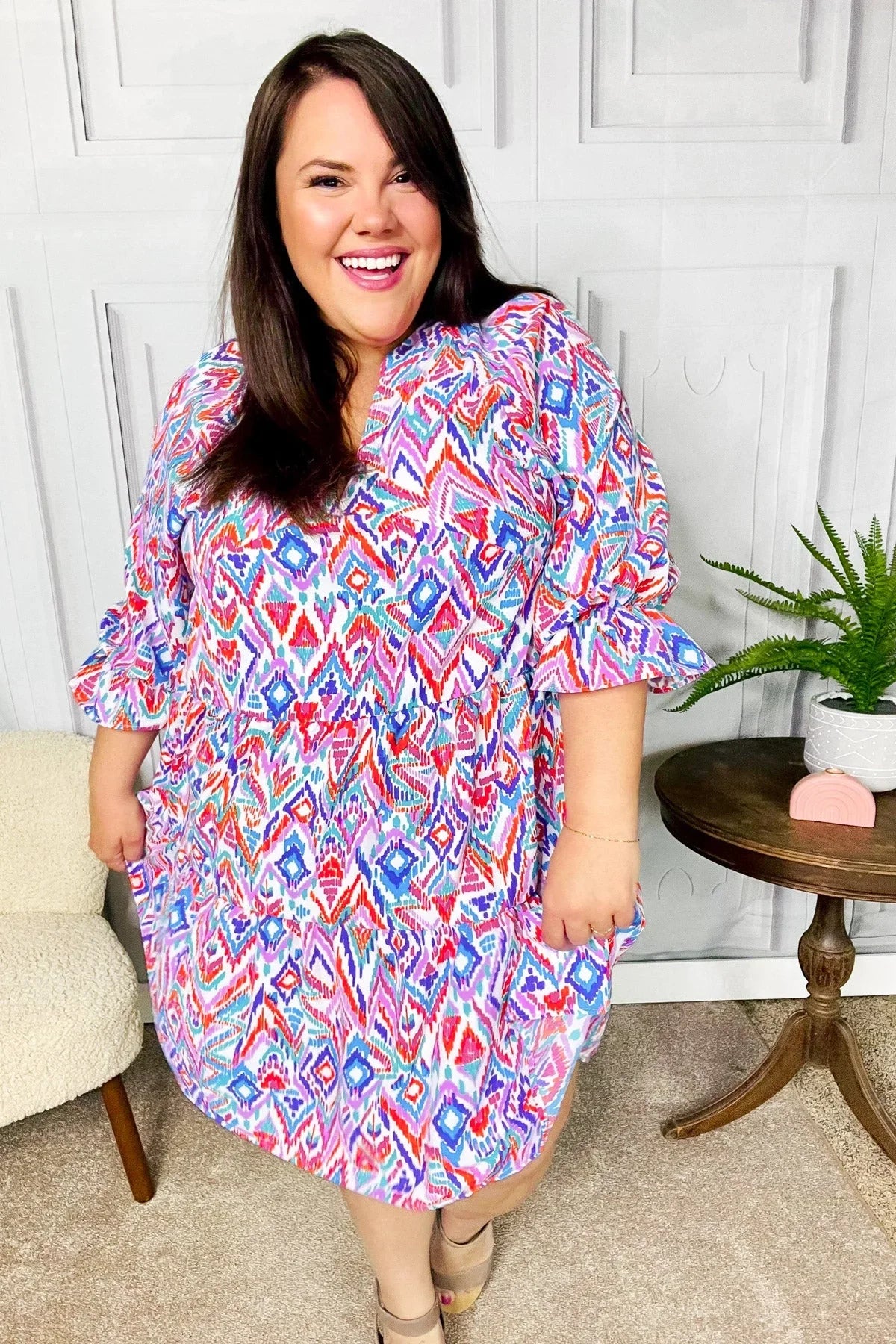 Love Found Blue & Lavender Ikat Print V Neck Dress | 2024 Summer Blow Out Sale Daverri Fashions