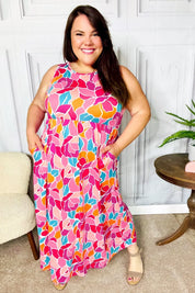 Hello Beautiful Fuchsia Abstract Floral Fit & Flare Maxi Dress | Daverri Fashions