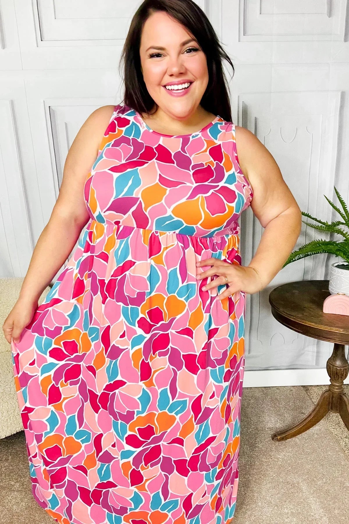 Hello Beautiful Fuchsia Abstract Floral Fit & Flare Maxi Dress | Daverri Fashions