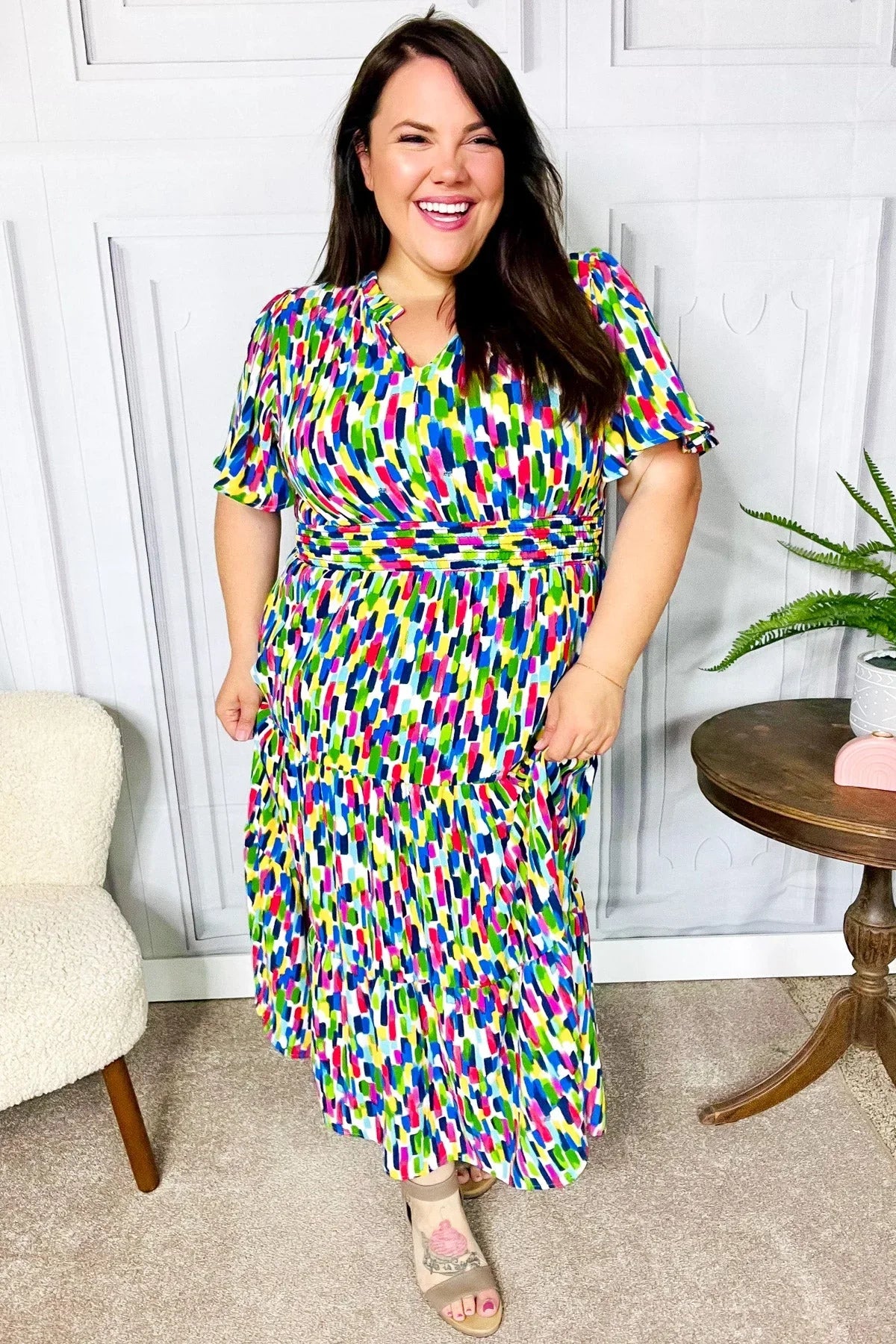All For You Navy Multicolor Abstract Print Smocked Waist Maxi Dress | Daverri Fashions