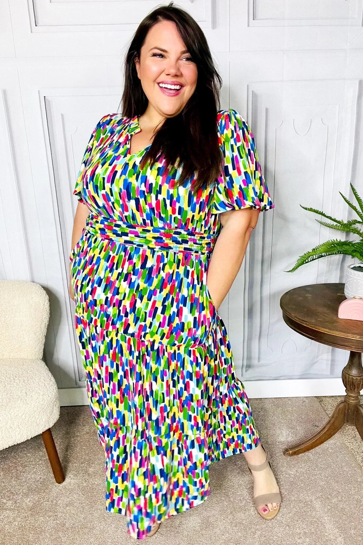 All For You Navy Multicolor Abstract Print Smocked Waist Maxi Dress | Daverri Fashions