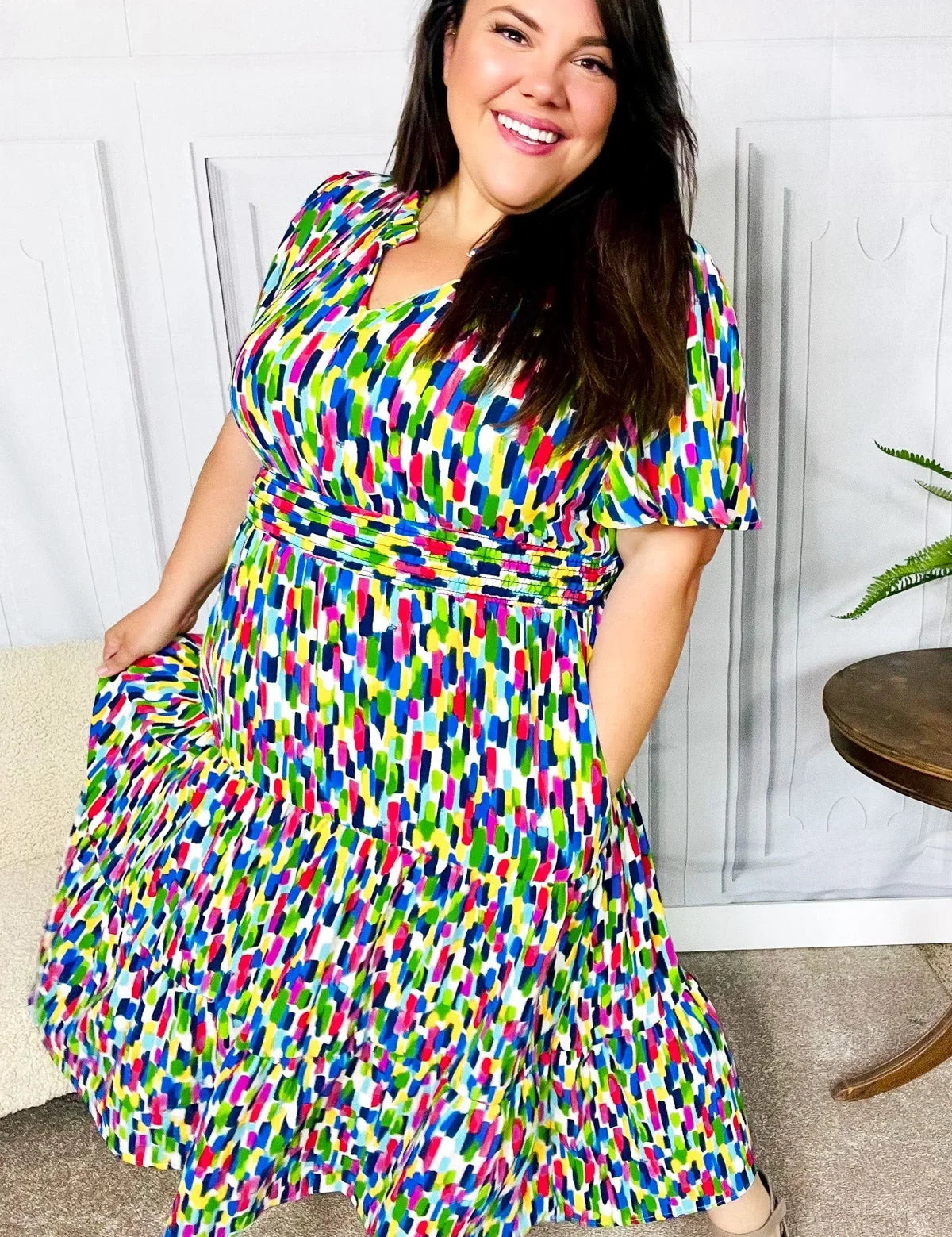 All For You Navy Multicolor Abstract Print Smocked Waist Maxi Dress | Daverri Fashions