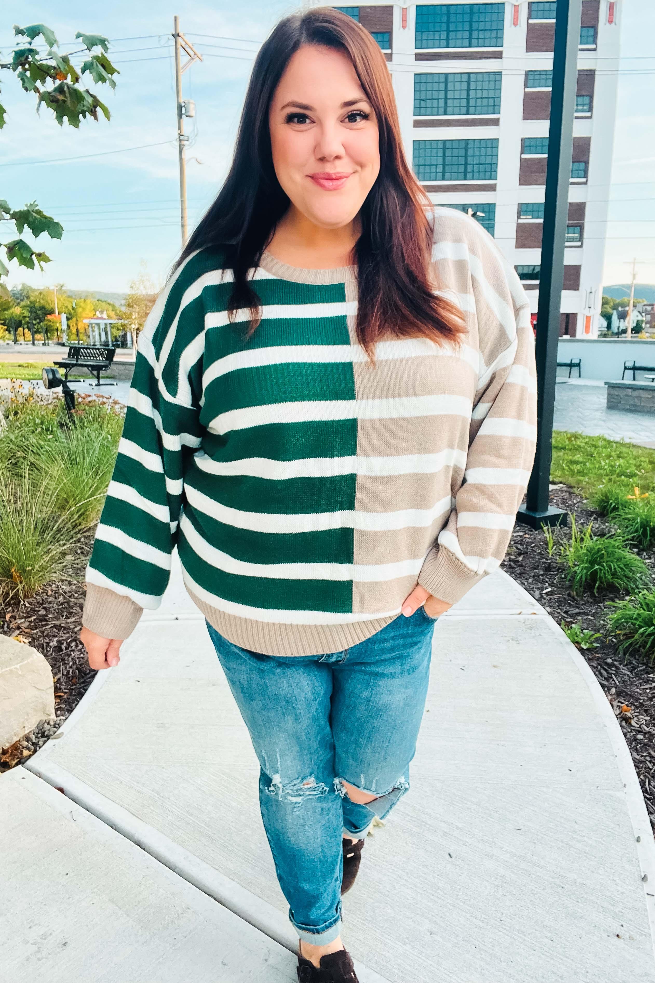 Hunter Green & Taupe Striped Color Block Sweater | Daverri Fashions