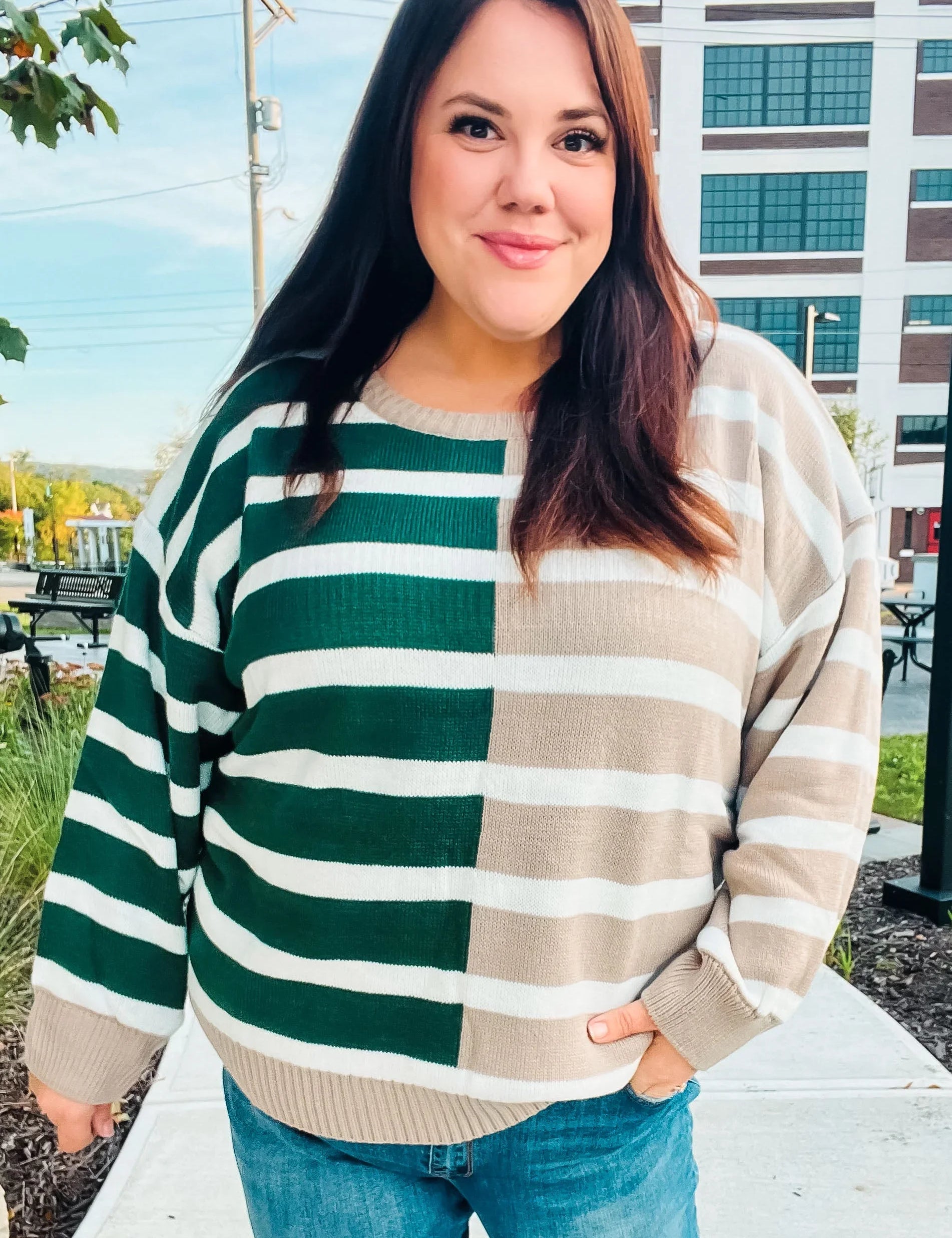 Hunter Green & Taupe Striped Color Block Sweater | Daverri Fashions