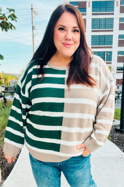 Hunter Green & Taupe Striped Color Block Sweater | Daverri Fashions