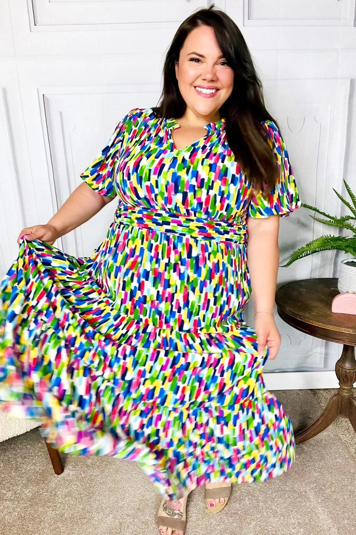 All For You Navy Multicolor Abstract Print Smocked Waist Maxi Dress | Daverri Fashions