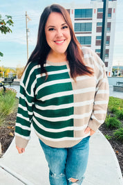 Hunter Green & Taupe Striped Color Block Sweater | Daverri Fashions