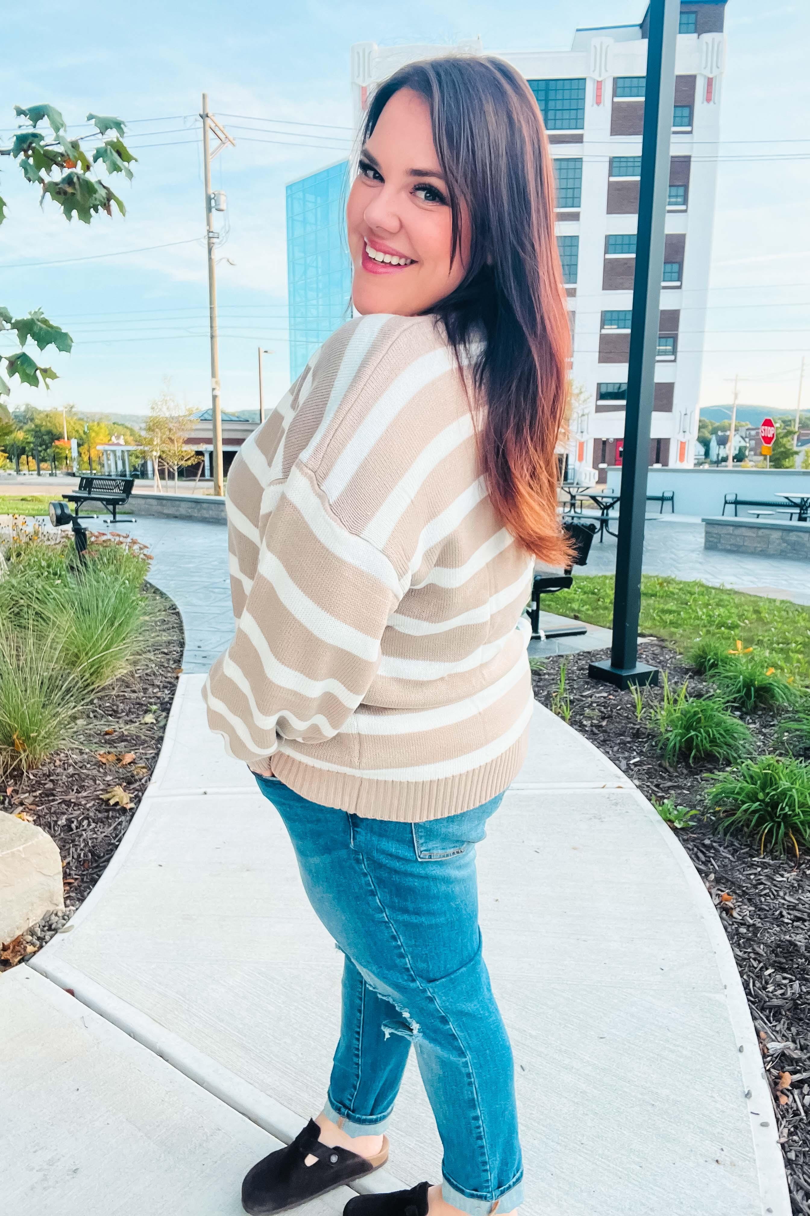 Hunter Green & Taupe Striped Color Block Sweater | Daverri Fashions