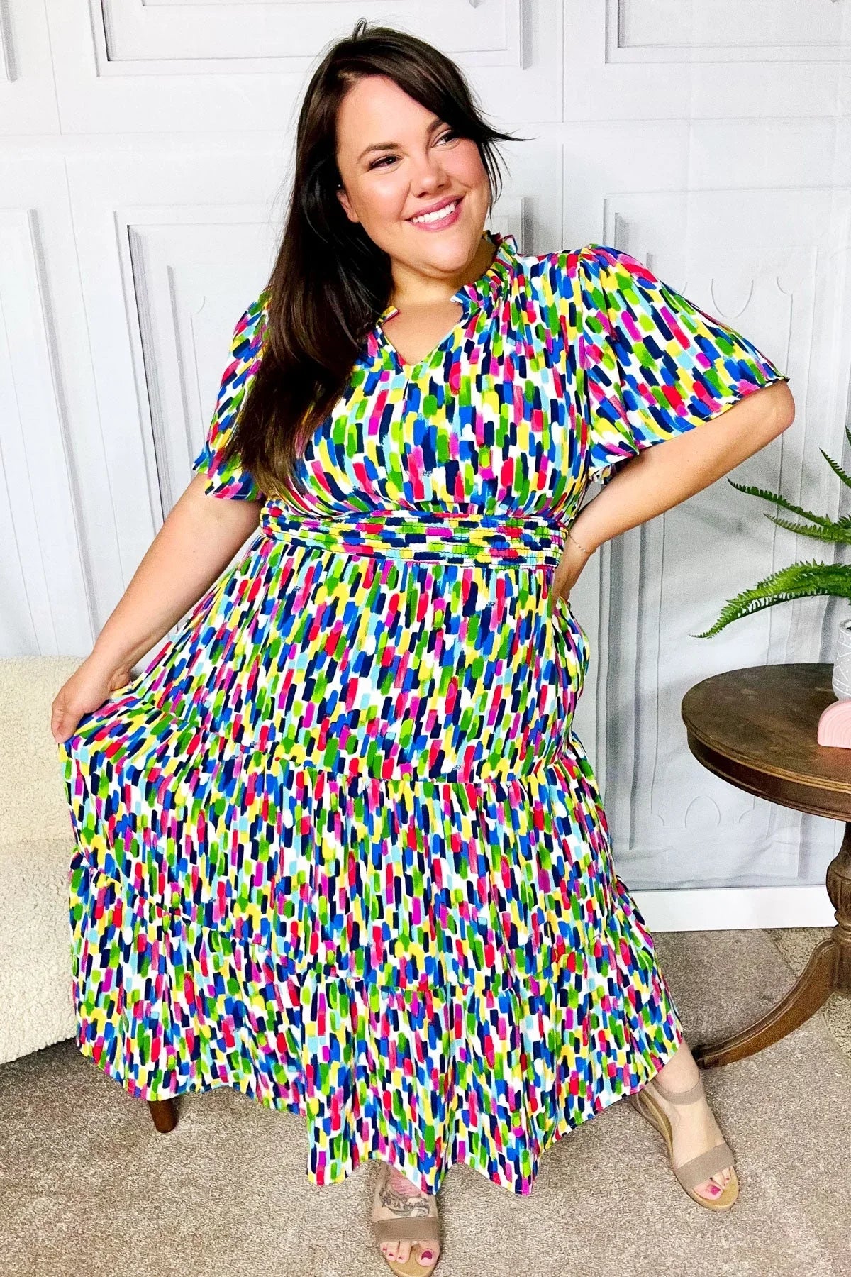 All For You Navy Multicolor Abstract Print Smocked Waist Maxi Dress | Daverri Fashions