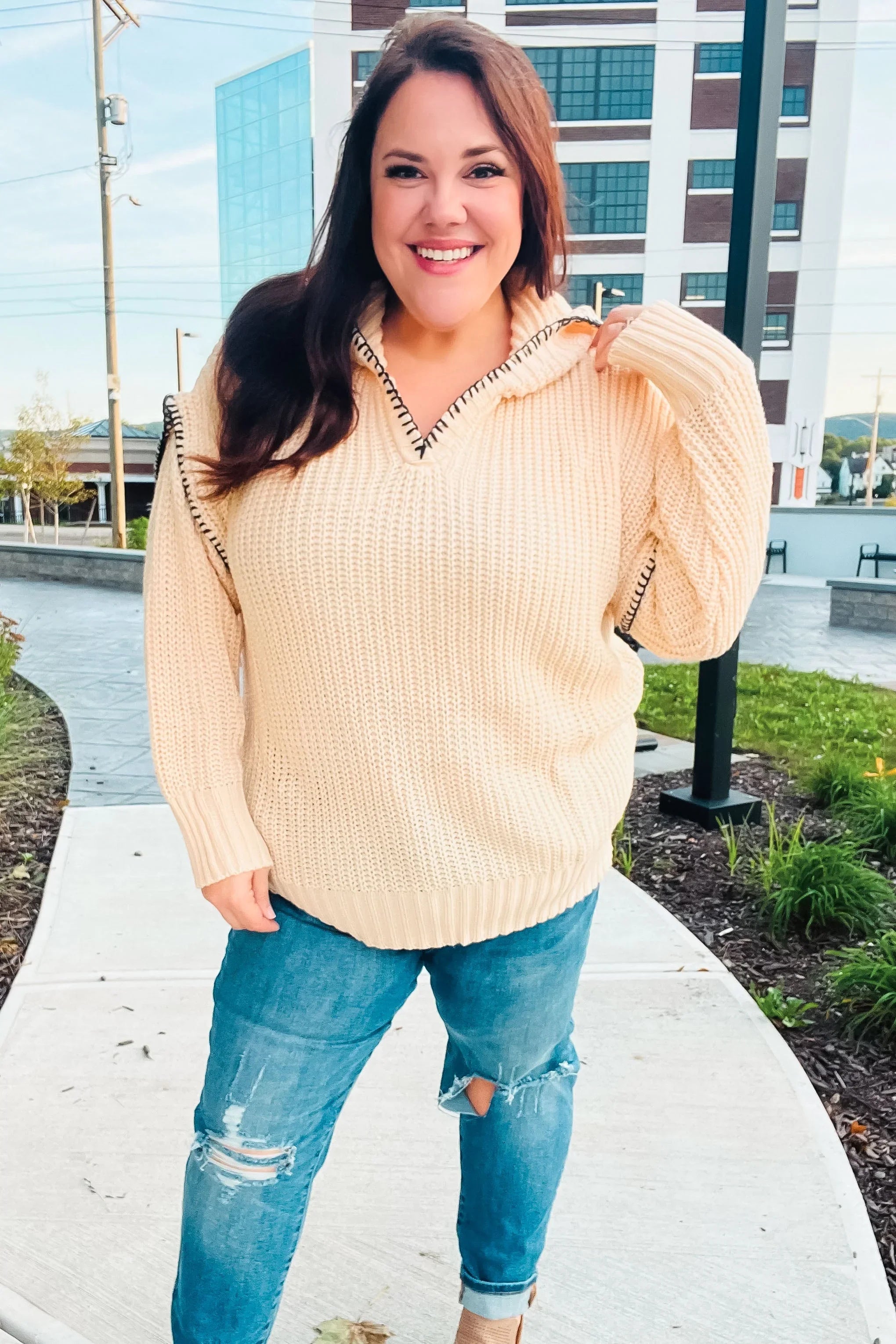 The Perfect Day Oatmeal Notched Neck Contrast Stitch Knit Hoodie | Daverri Fashions