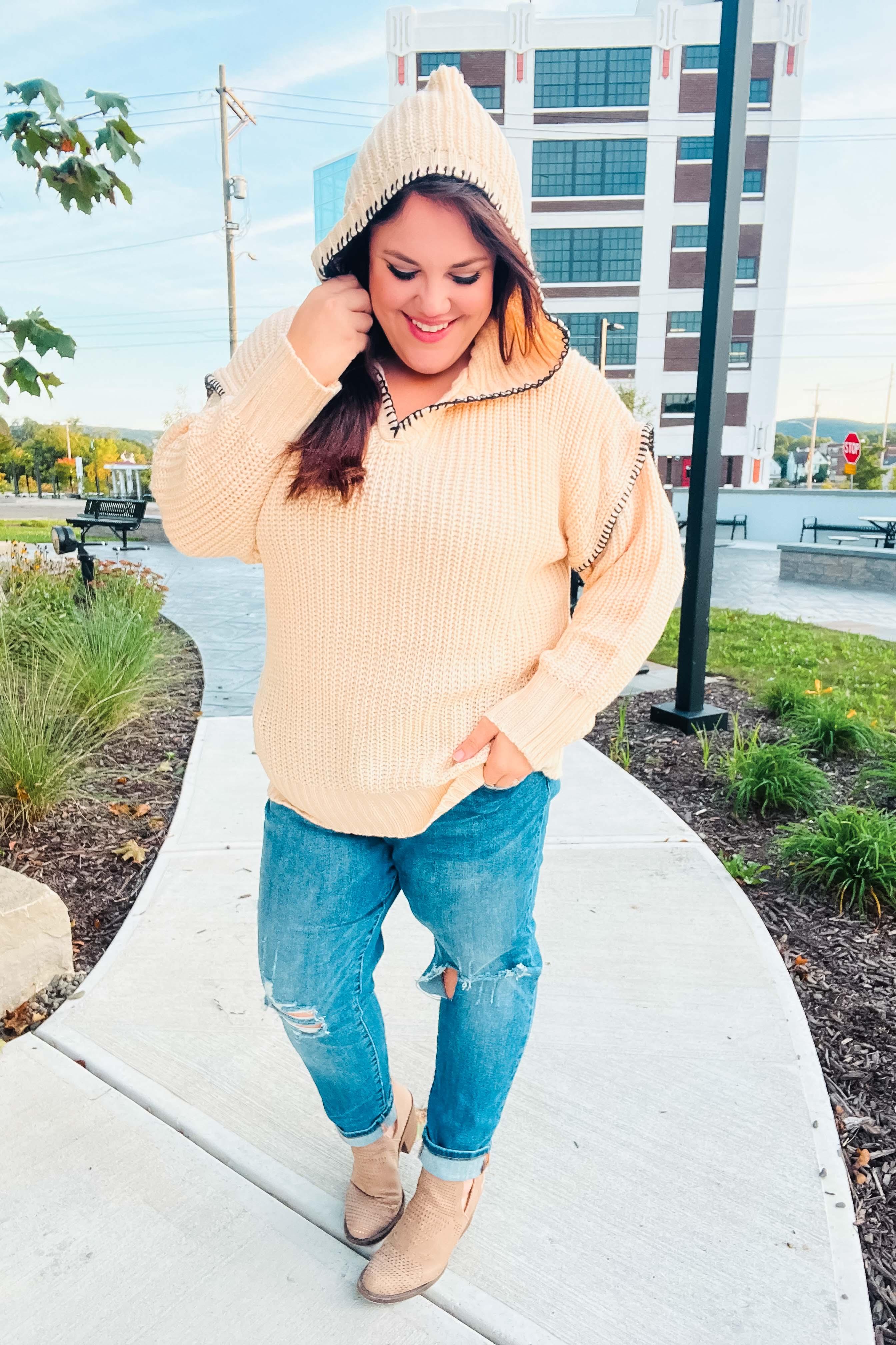 The Perfect Day Oatmeal Notched Neck Contrast Stitch Knit Hoodie | Daverri Fashions