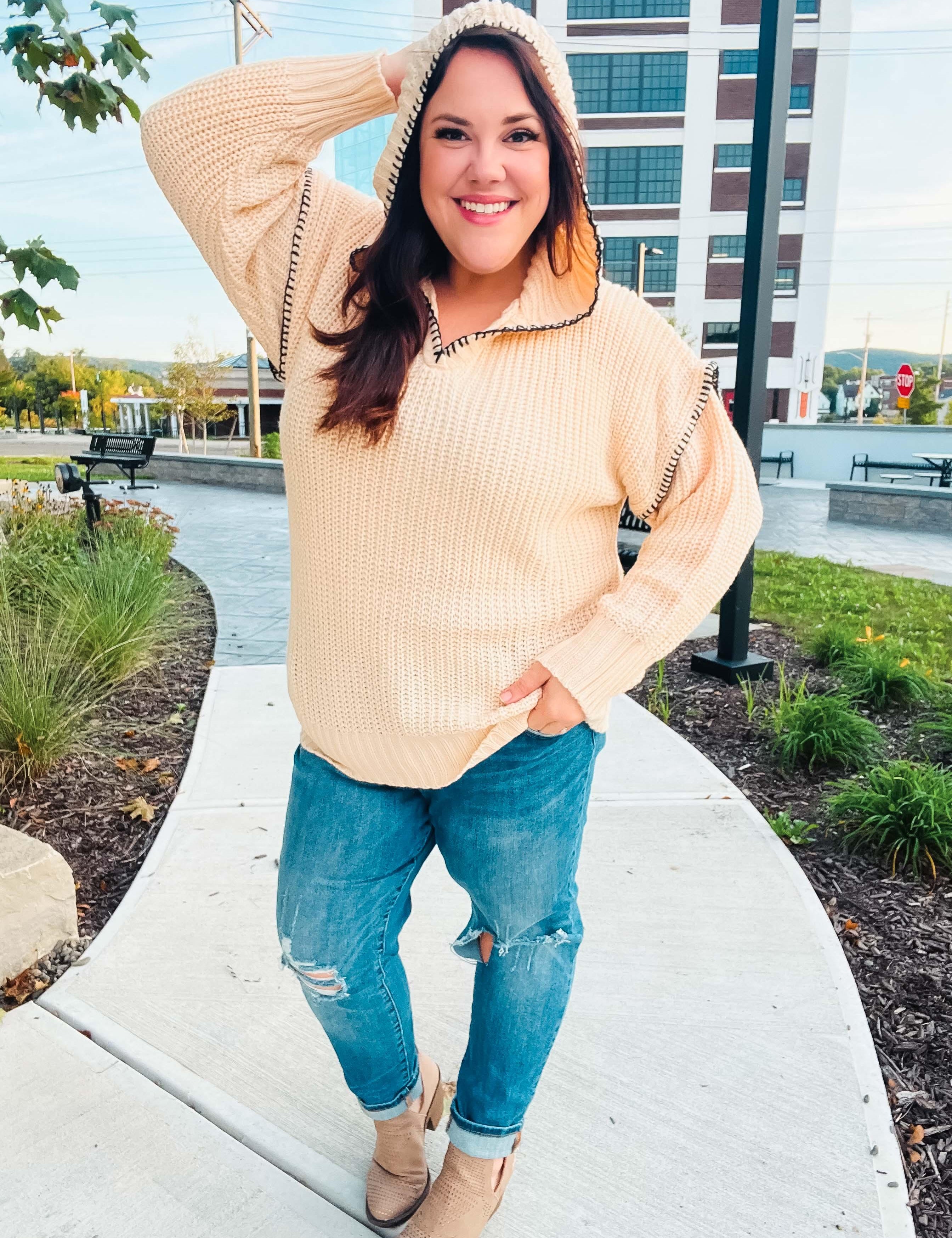 The Perfect Day Oatmeal Notched Neck Contrast Stitch Knit Hoodie | Daverri Fashions