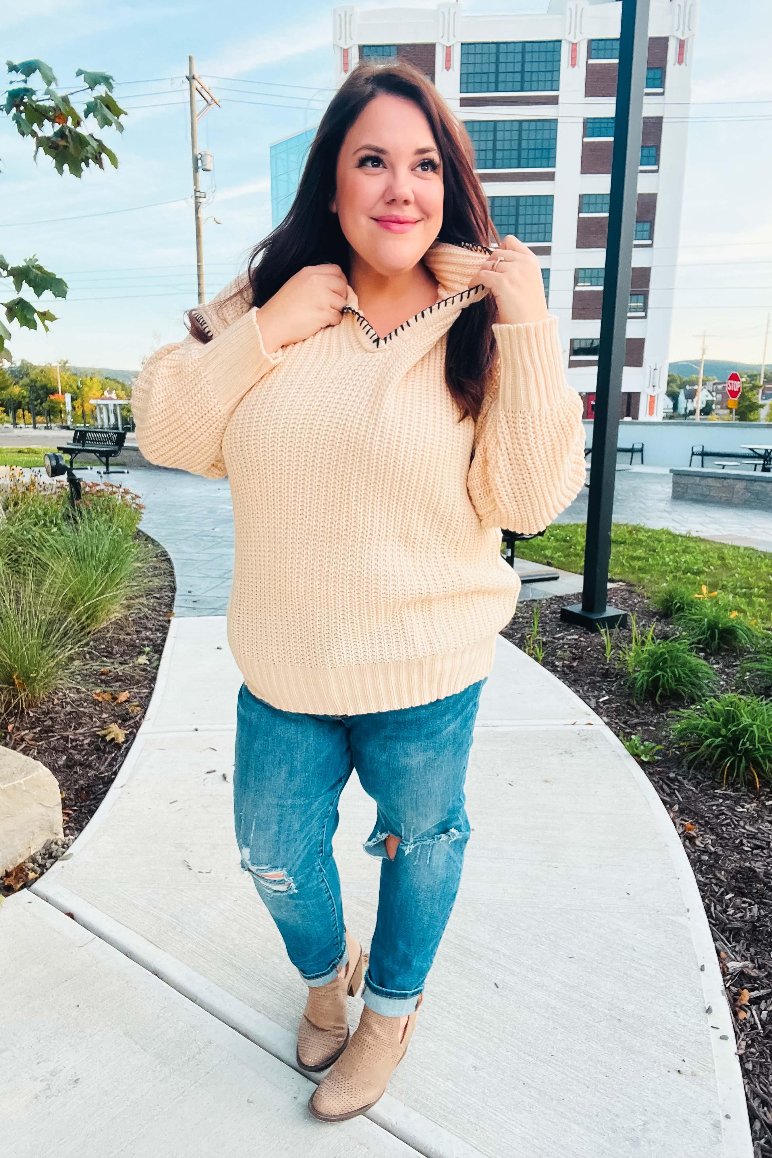 The Perfect Day Oatmeal Notched Neck Contrast Stitch Knit Hoodie | Daverri Fashions