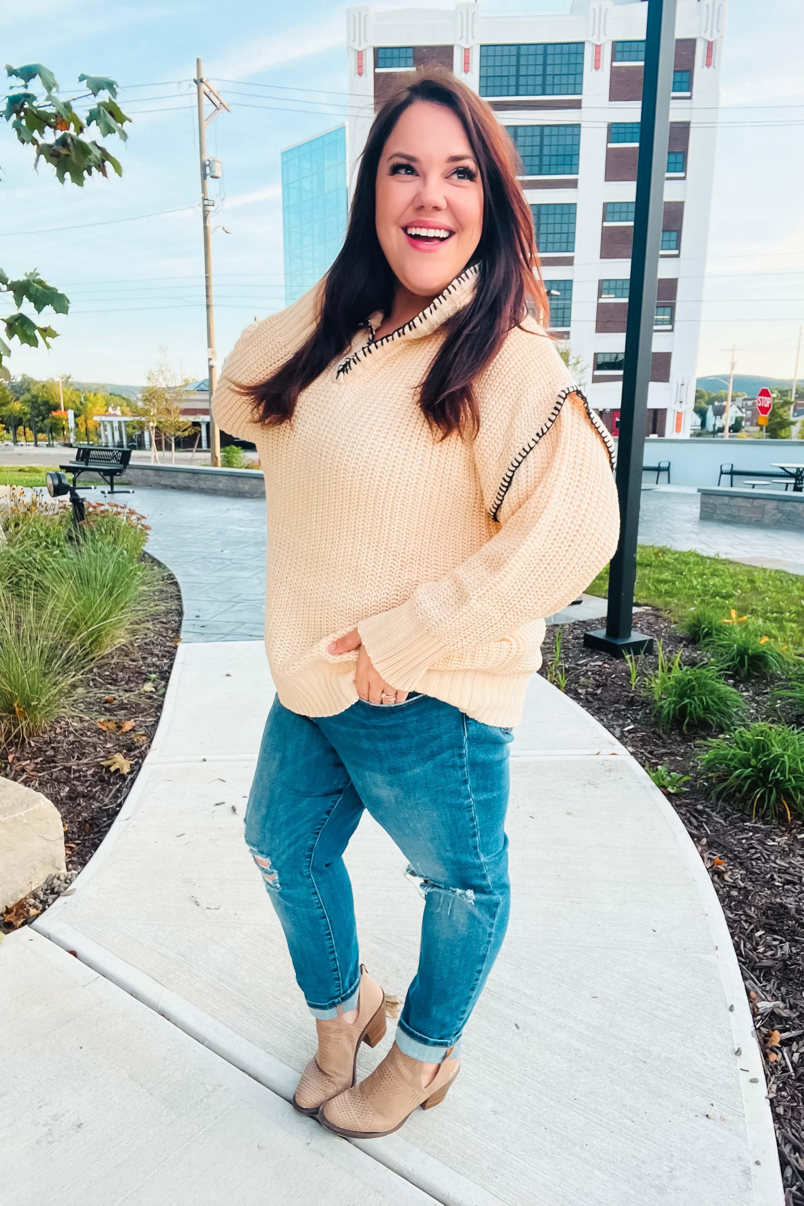 The Perfect Day Oatmeal Notched Neck Contrast Stitch Knit Hoodie | Daverri Fashions