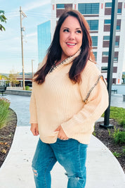 The Perfect Day Oatmeal Notched Neck Contrast Stitch Knit Hoodie | Daverri Fashions