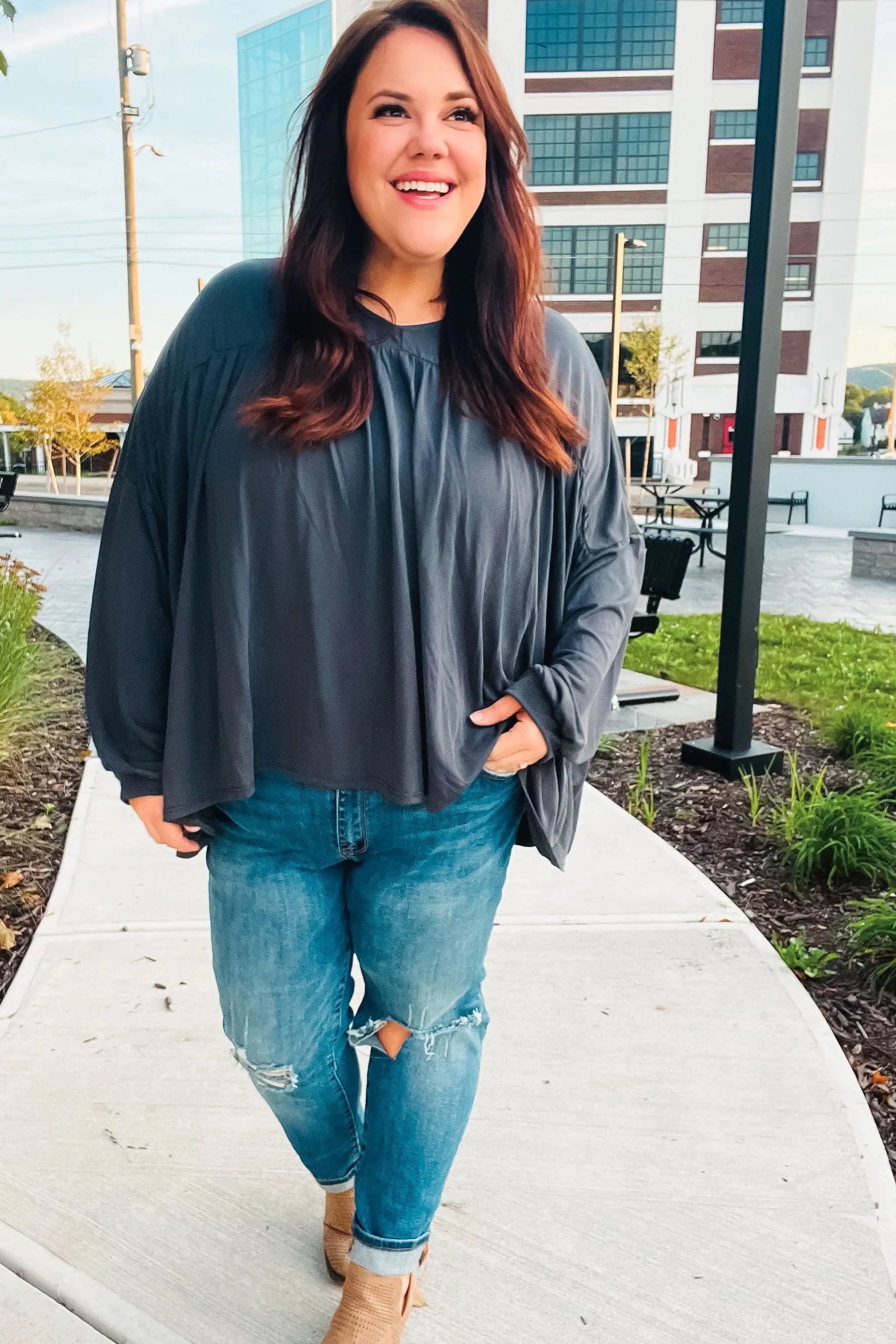 Casual Chic Charcoal V Neck Yoke Modal Knit Top | Daverri Fashions