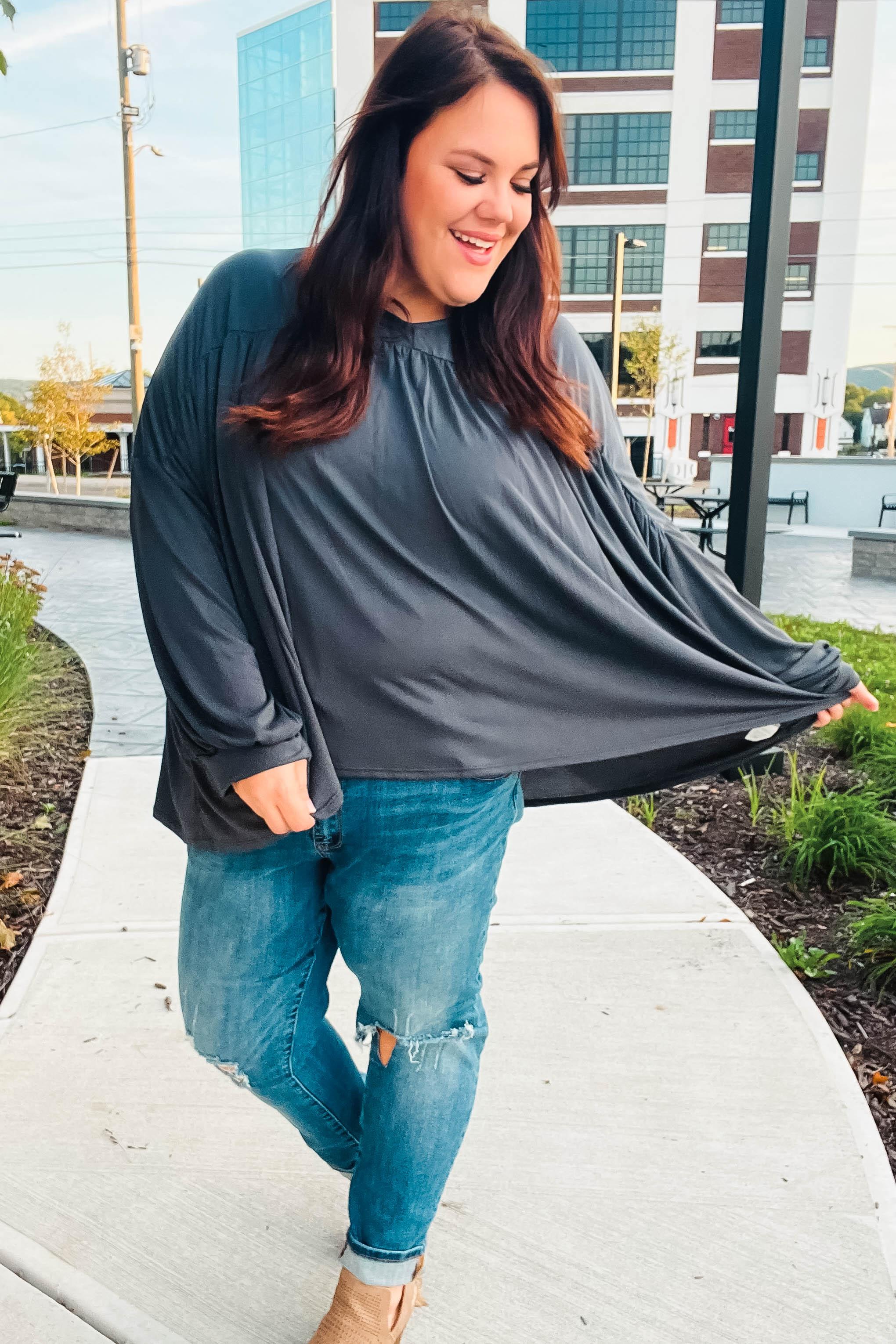 Casual Chic Charcoal V Neck Yoke Modal Knit Top | Daverri Fashions