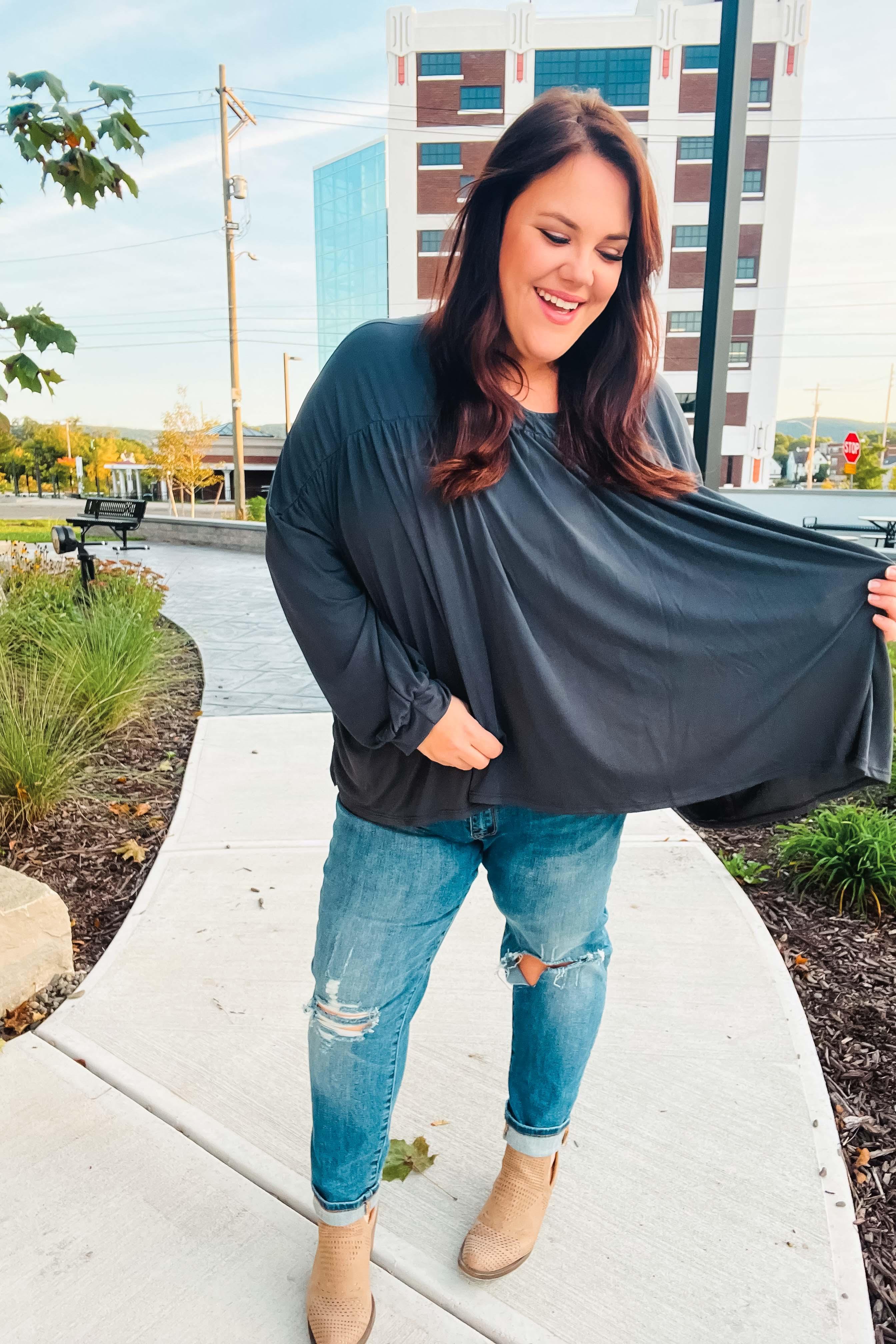 Casual Chic Charcoal V Neck Yoke Modal Knit Top | Daverri Fashions