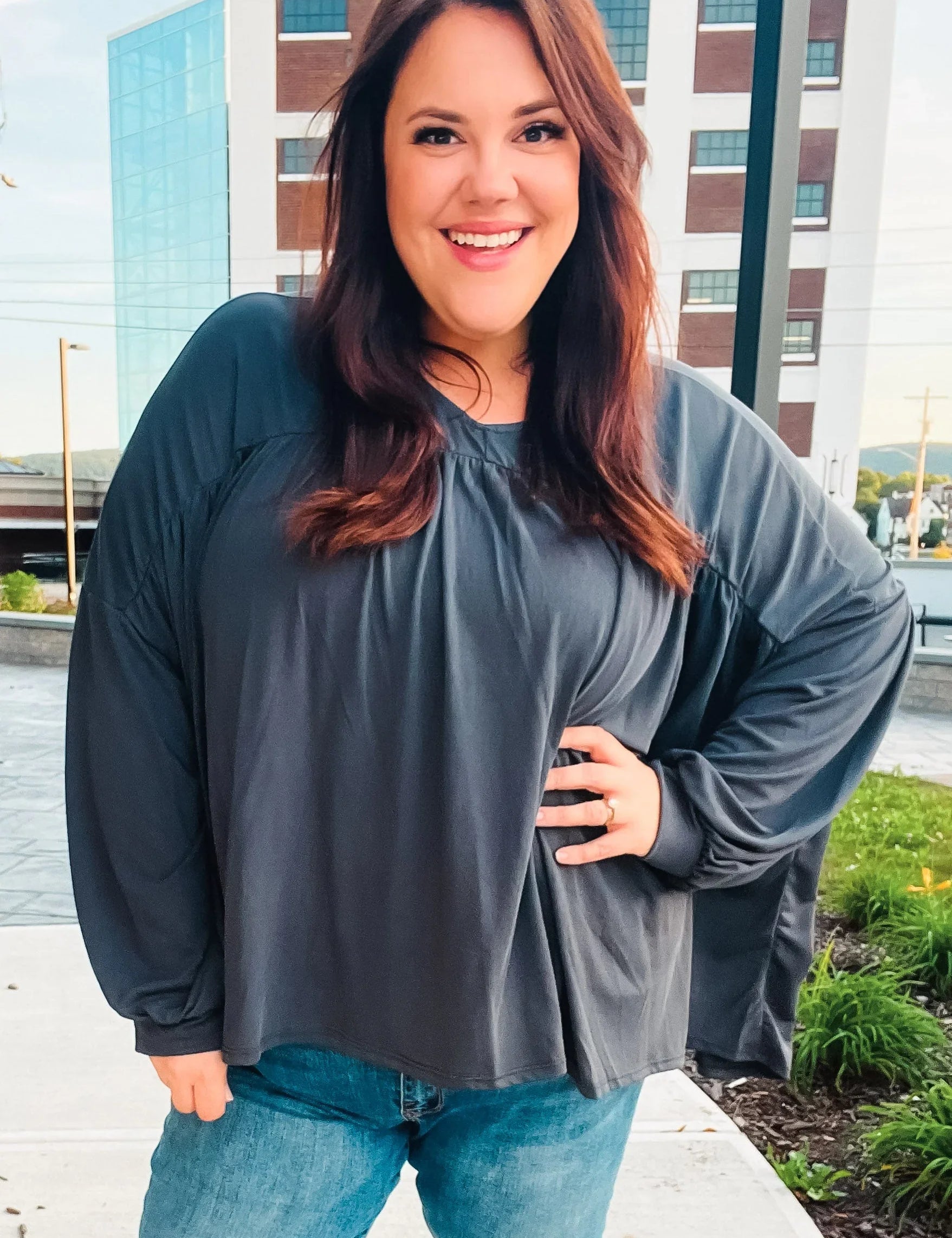 Casual Chic Charcoal V Neck Yoke Modal Knit Top | Daverri Fashions