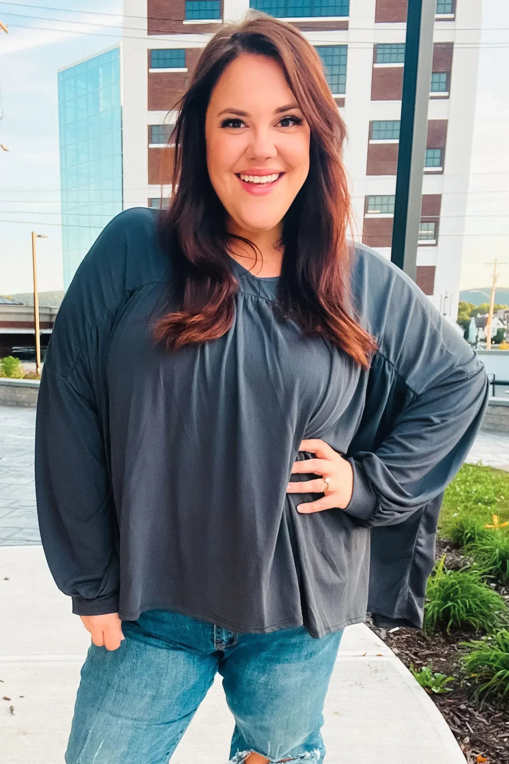 Casual Chic Charcoal V Neck Yoke Modal Knit Top - DAVERRI FASHIONS