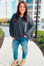 Casual Chic Charcoal V Neck Yoke Modal Knit Top | Daverri Fashions