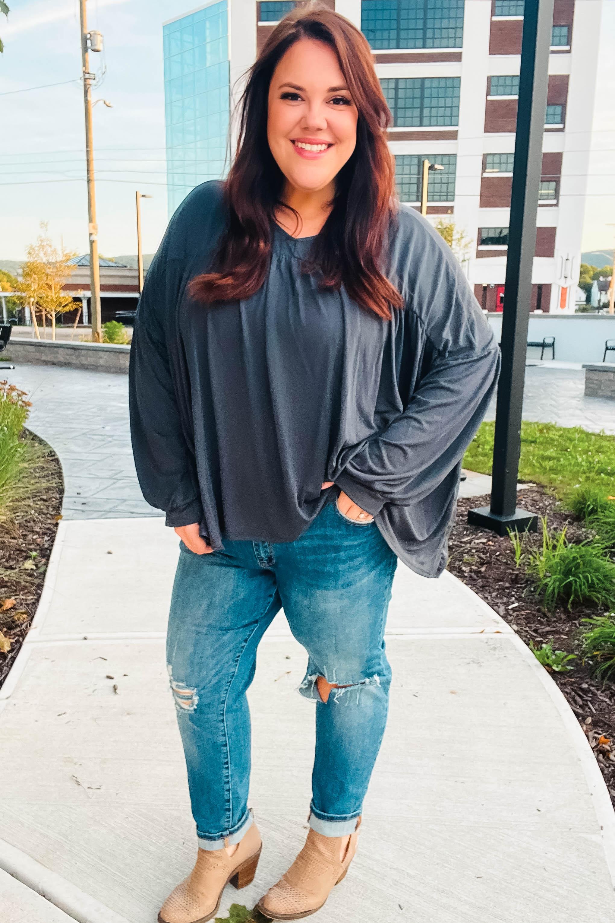 Casual Chic Charcoal V Neck Yoke Modal Knit Top | Daverri Fashions