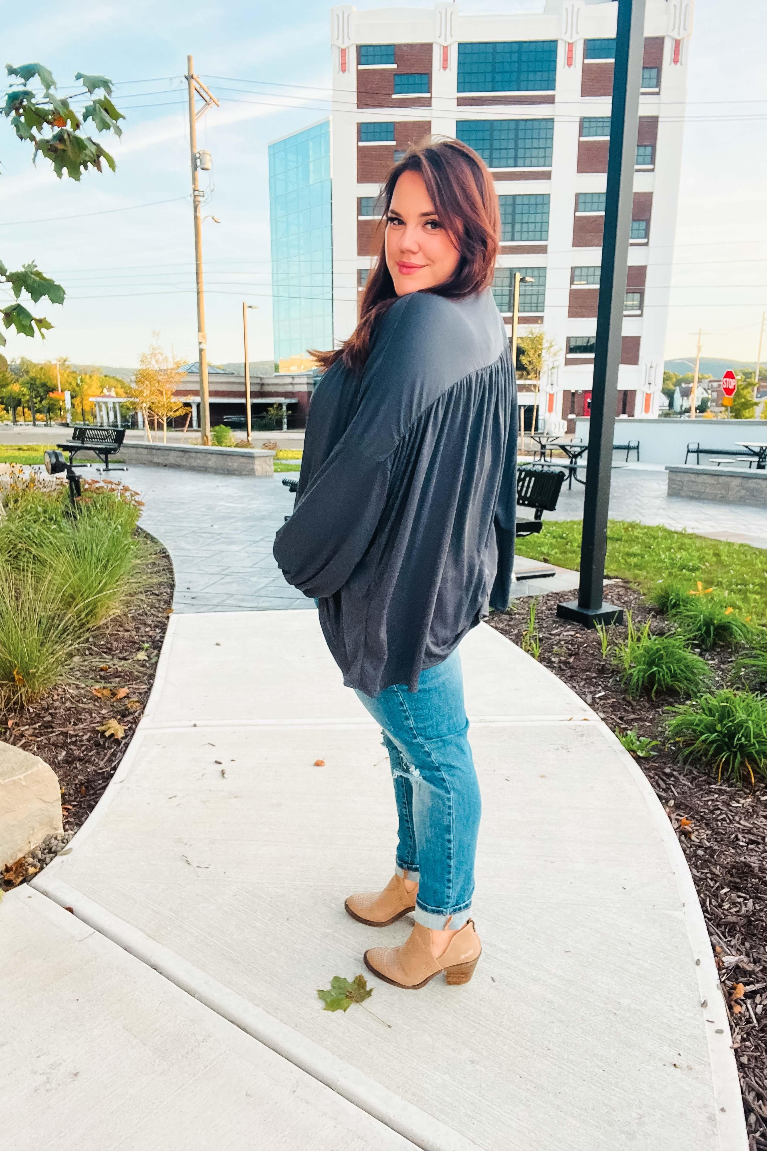 Casual Chic Charcoal V Neck Yoke Modal Knit Top | Daverri Fashions