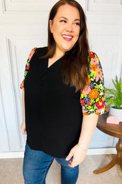 Eyes On You Black Floral Puff Sleeve V Neck Top | Daverri Fashions