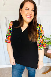 Eyes On You Black Floral Puff Sleeve V Neck Top | Daverri Fashions
