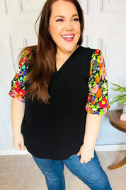 Eyes On You Black Floral Puff Sleeve V Neck Top | Daverri Fashions