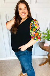Eyes On You Black Floral Puff Sleeve V Neck Top | Daverri Fashions