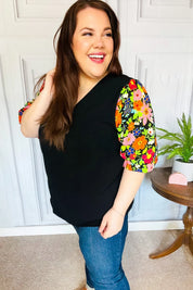 Eyes On You Black Floral Puff Sleeve V Neck Top | Daverri Fashions