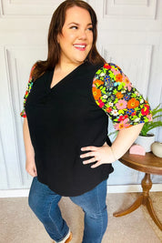 Eyes On You Black Floral Puff Sleeve V Neck Top | Daverri Fashions