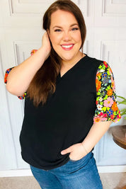 Eyes On You Black Floral Puff Sleeve V Neck Top | Daverri Fashions