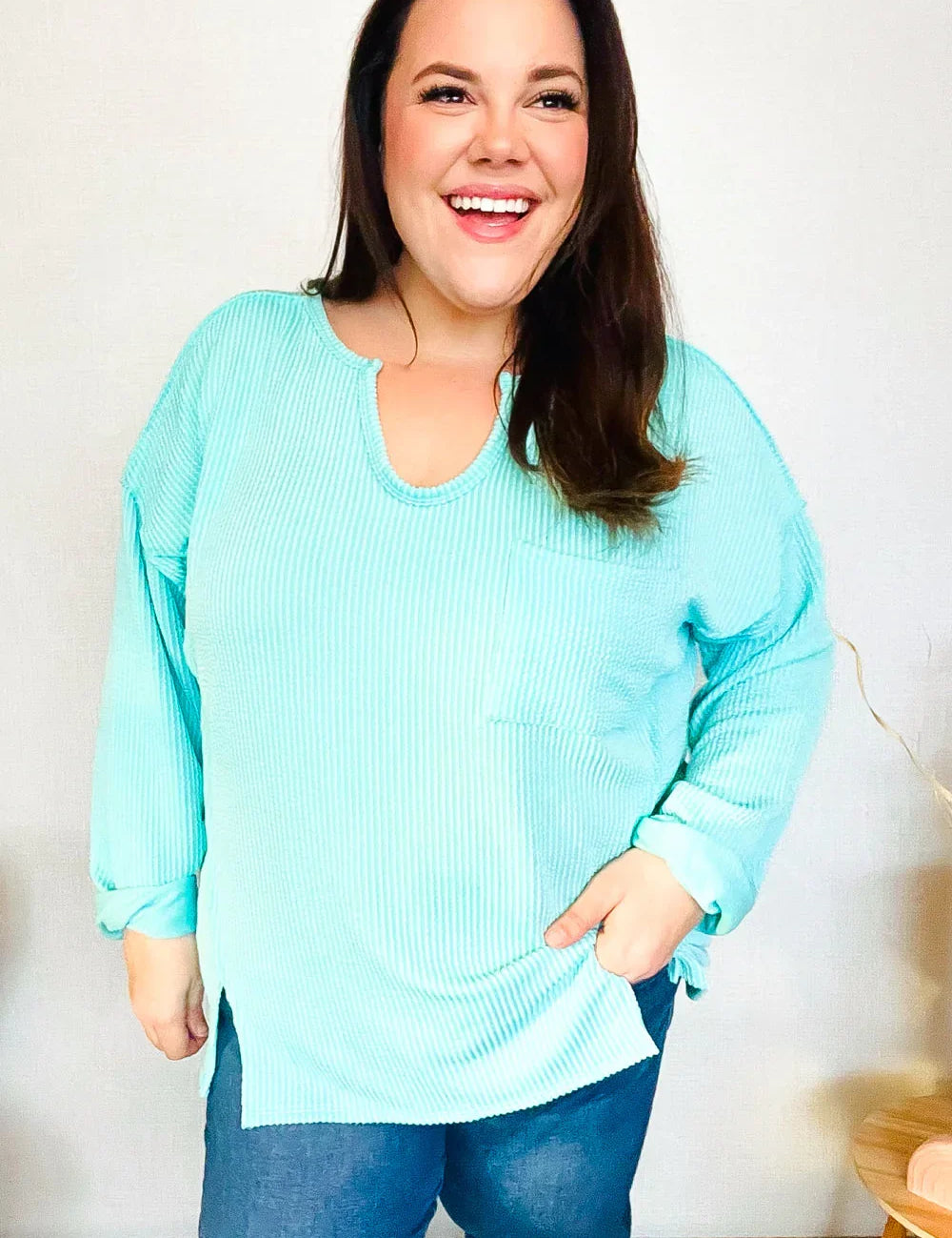 Eyes On You Seafoam Mineral Wash Rib Notch Neck Pocket Top | Daverri Fashions