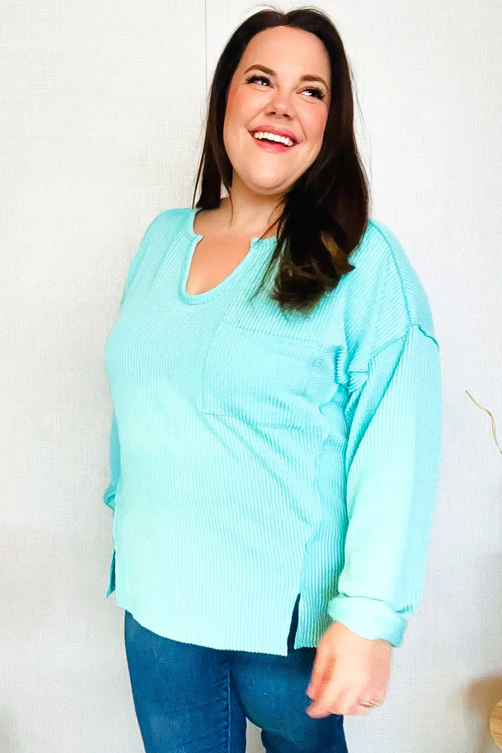 Eyes On You Seafoam Mineral Wash Rib Notch Neck Pocket Top | Daverri Fashions
