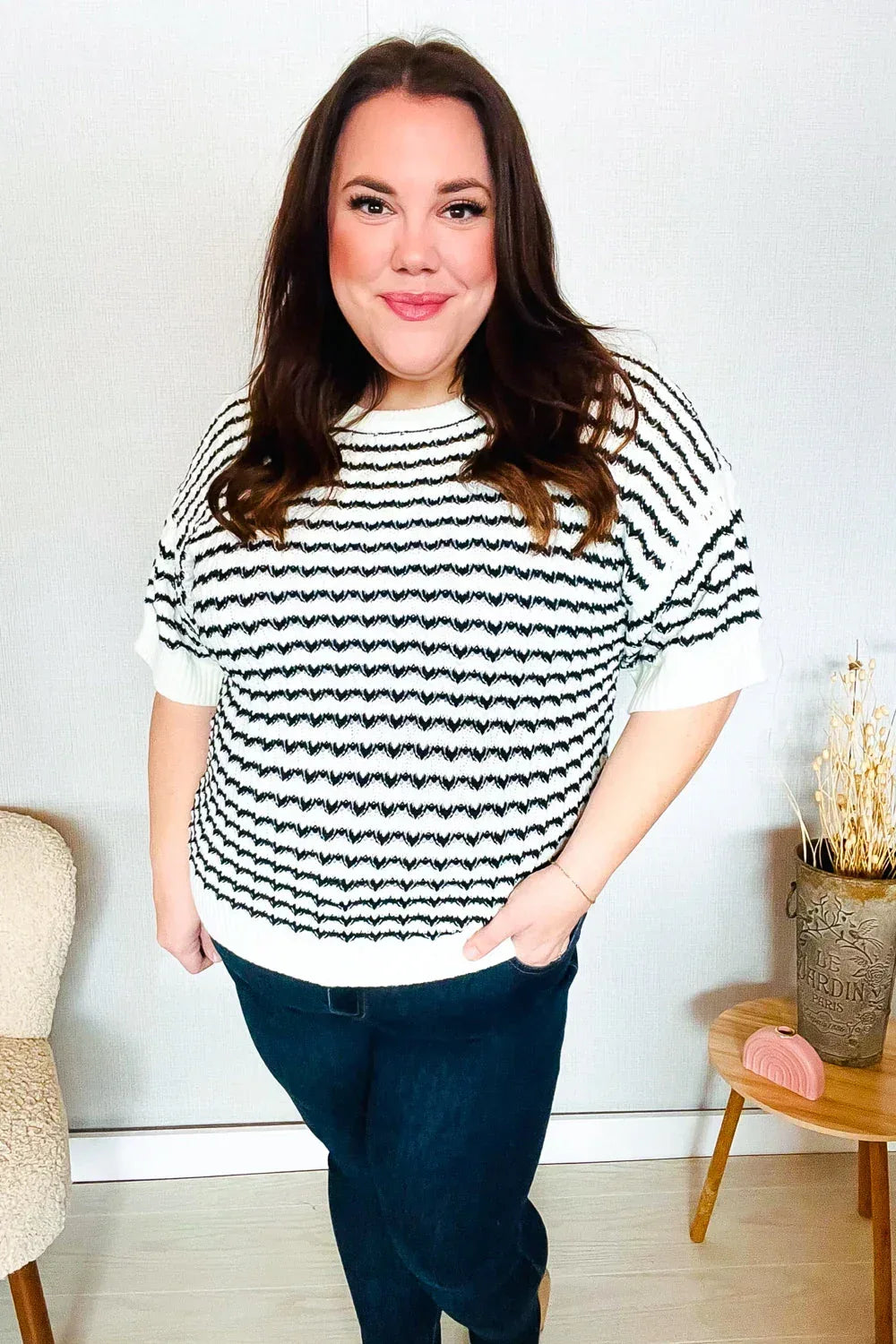 You've Got This Ivory & Black Wavy Stripe Pattern Sweater Top - DAVERRI FASHIONS