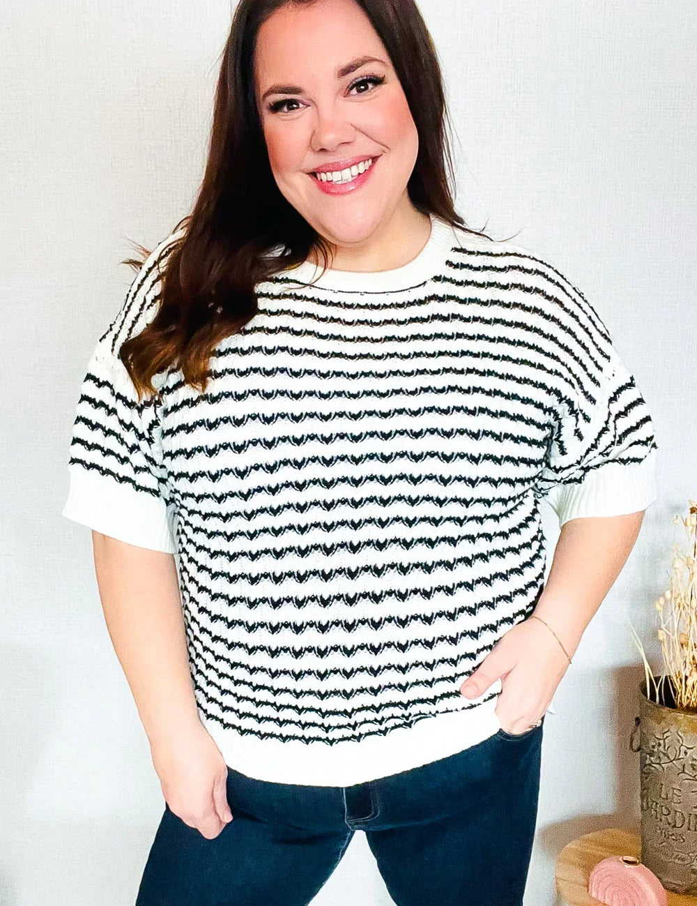 You've Got This Ivory & Black Wavy Stripe Pattern Sweater Top | Daverri Fashions