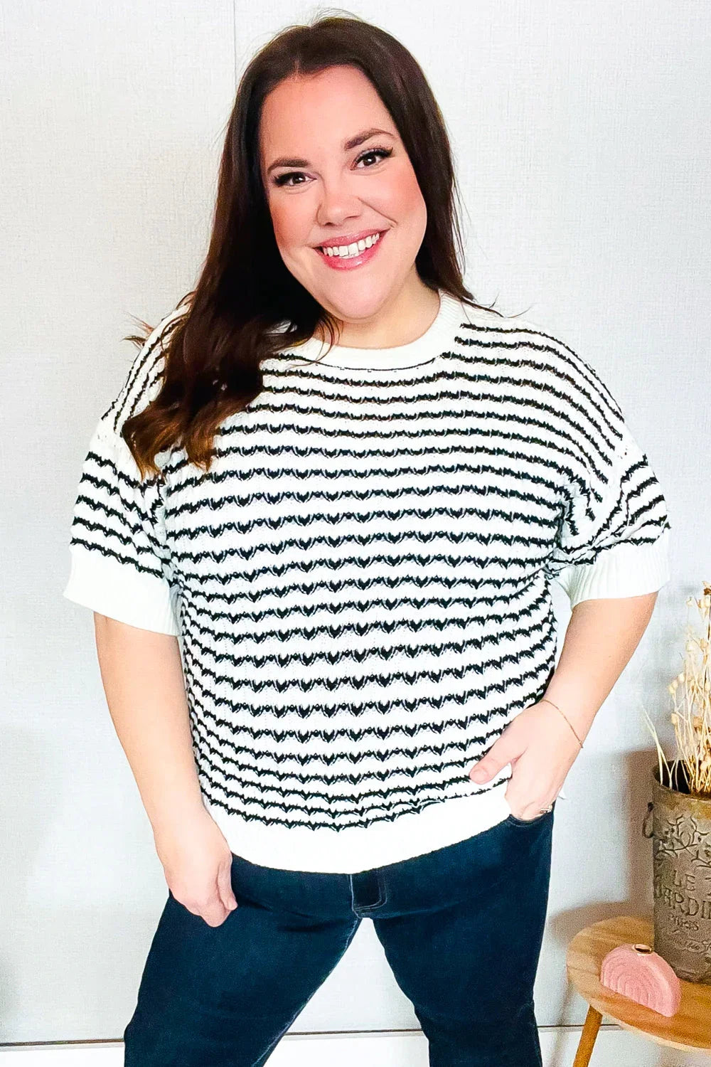 You've Got This Ivory & Black Wavy Stripe Pattern Sweater Top | Daverri Fashions