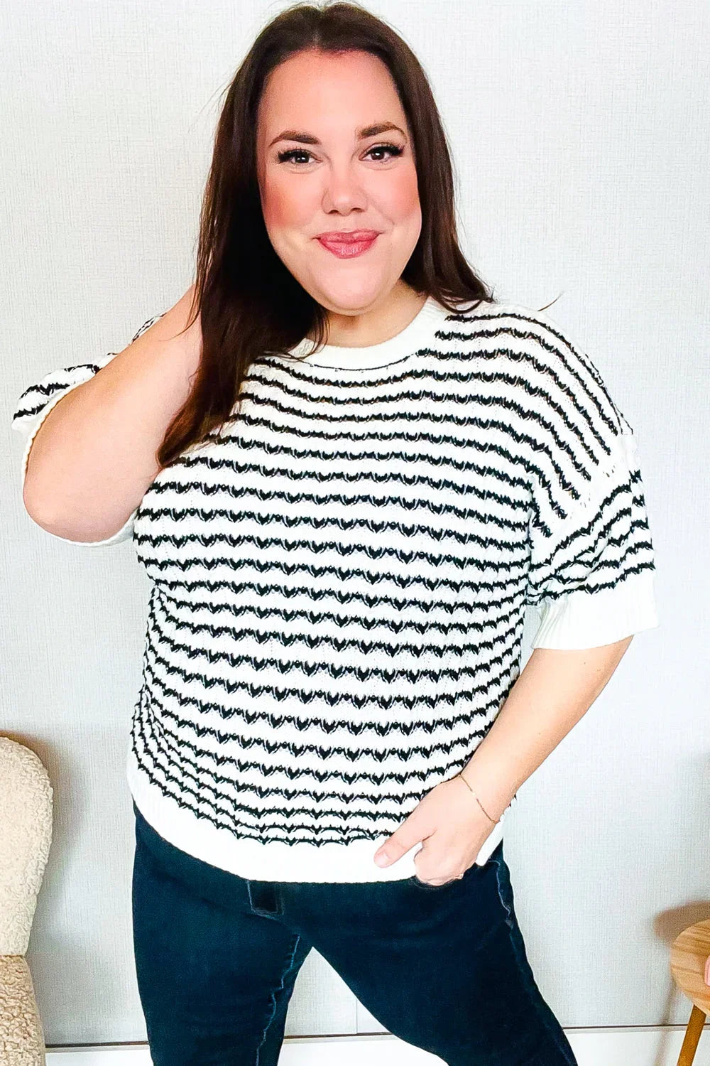 You've Got This Ivory & Black Wavy Stripe Pattern Sweater Top | Daverri Fashions