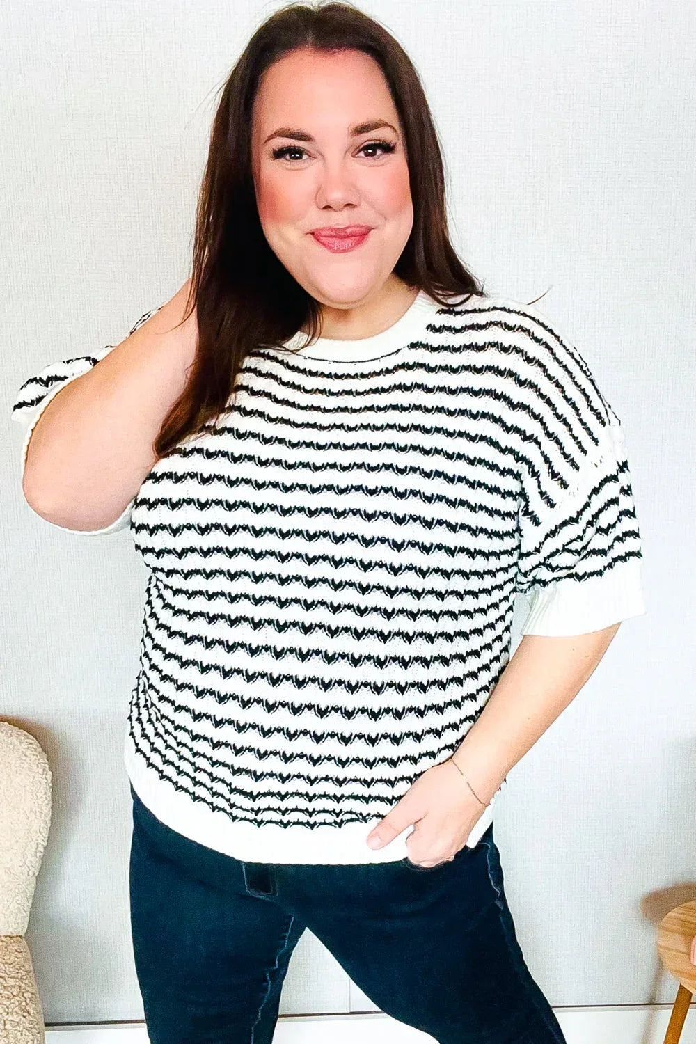 You've Got This Ivory & Black Wavy Stripe Pattern Sweater Top - DAVERRI FASHIONS