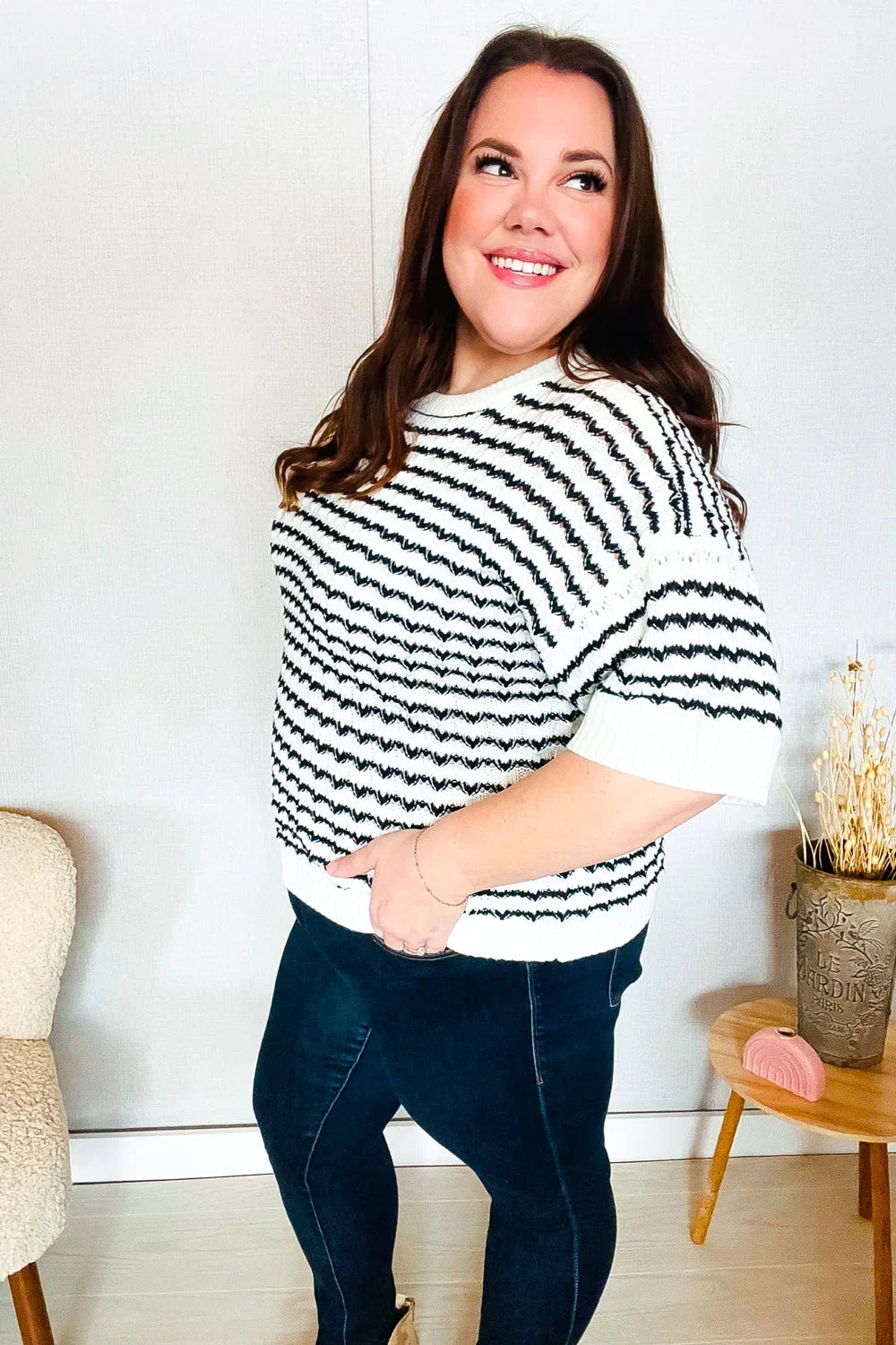 You've Got This Ivory & Black Wavy Stripe Pattern Sweater Top | Daverri Fashions