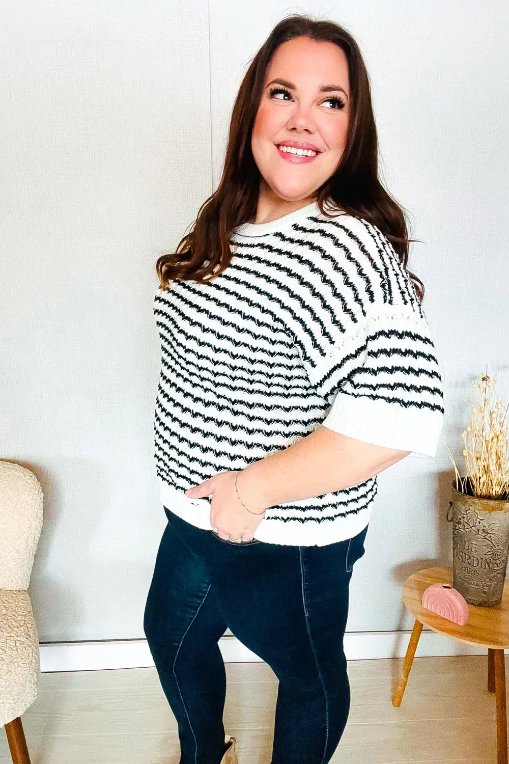 You've Got This Ivory & Black Wavy Stripe Pattern Sweater Top - DAVERRI FASHIONS