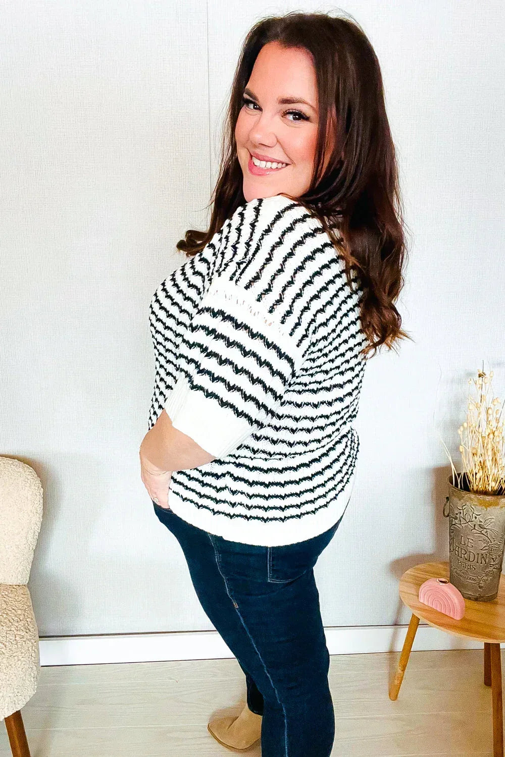 You've Got This Ivory & Black Wavy Stripe Pattern Sweater Top - DAVERRI FASHIONS