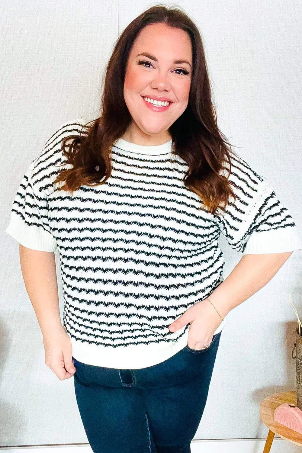 You've Got This Ivory & Black Wavy Stripe Pattern Sweater Top | Daverri Fashions