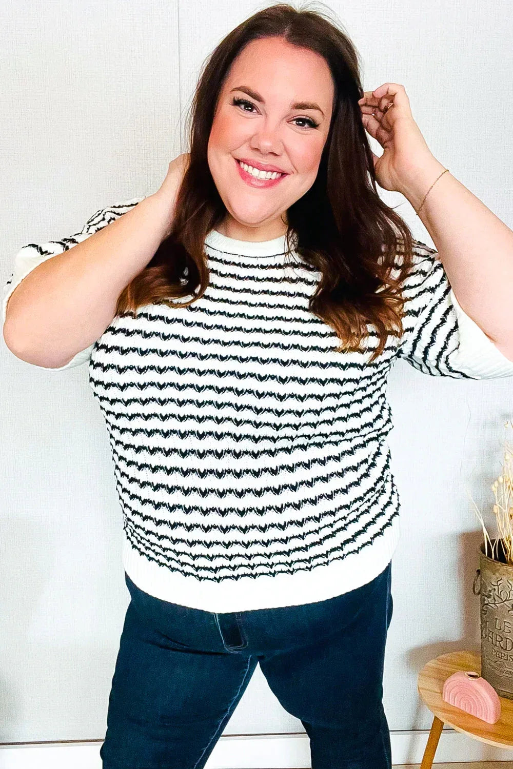 You've Got This Ivory & Black Wavy Stripe Pattern Sweater Top - DAVERRI FASHIONS