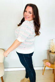 Spread Joy Ivory & Multicolor Jacquard Bubble Sleeve Sweater | Daverri Fashions