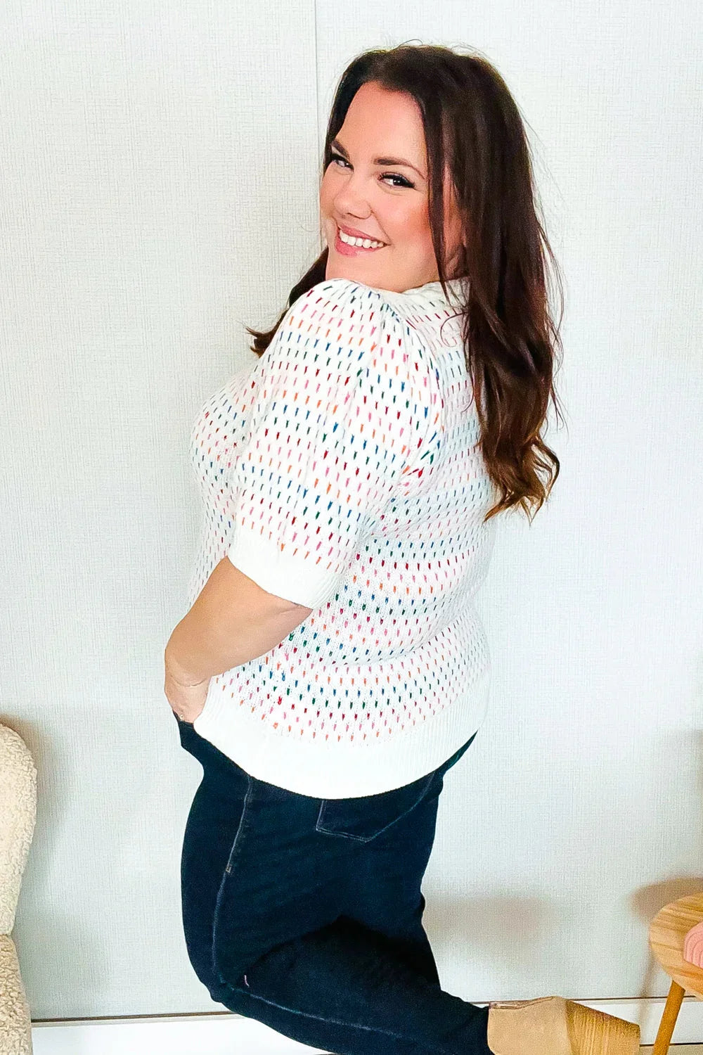 Spread Joy Ivory & Multicolor Jacquard Bubble Sleeve Sweater | Daverri Fashions