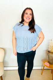 The Perfect Find Sky Blue Dolman Short Sleeve Crochet Sweater Top | Daverri Fashions