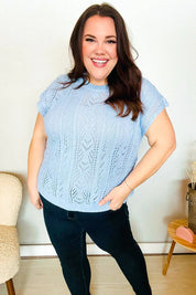 The Perfect Find Sky Blue Dolman Short Sleeve Crochet Sweater Top | Daverri Fashions